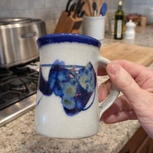 Signed Studio Pottery Mug Blue Abstract Glaze Handmade Ceramic Coffee Cup